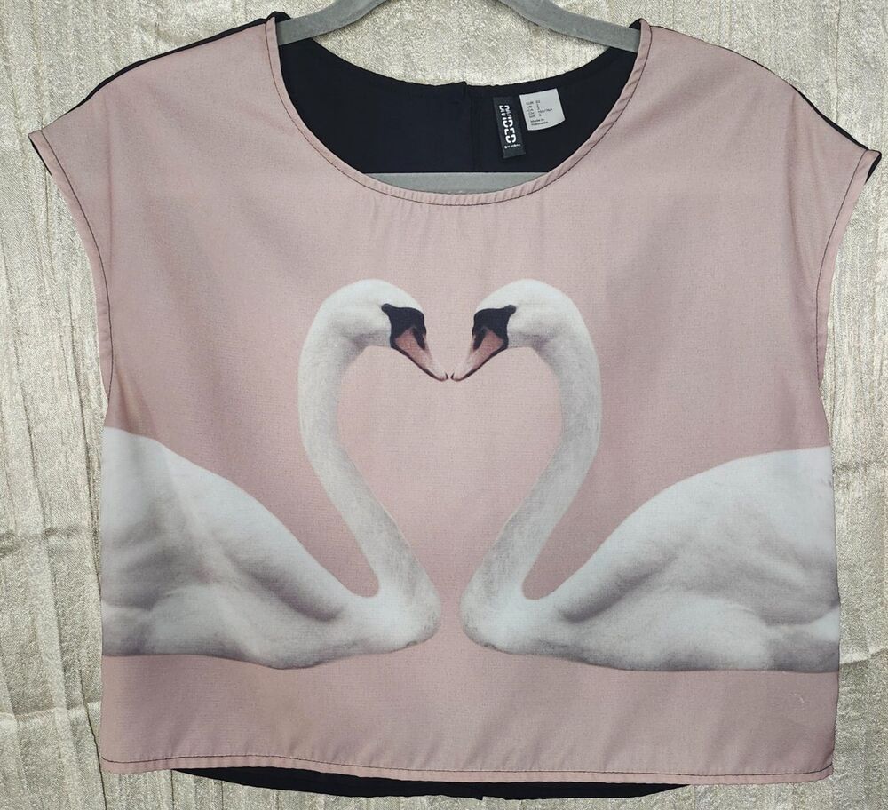 Cropped Blouse Pink Black Silky Swan Heart Boxy Top Button Back Size 2